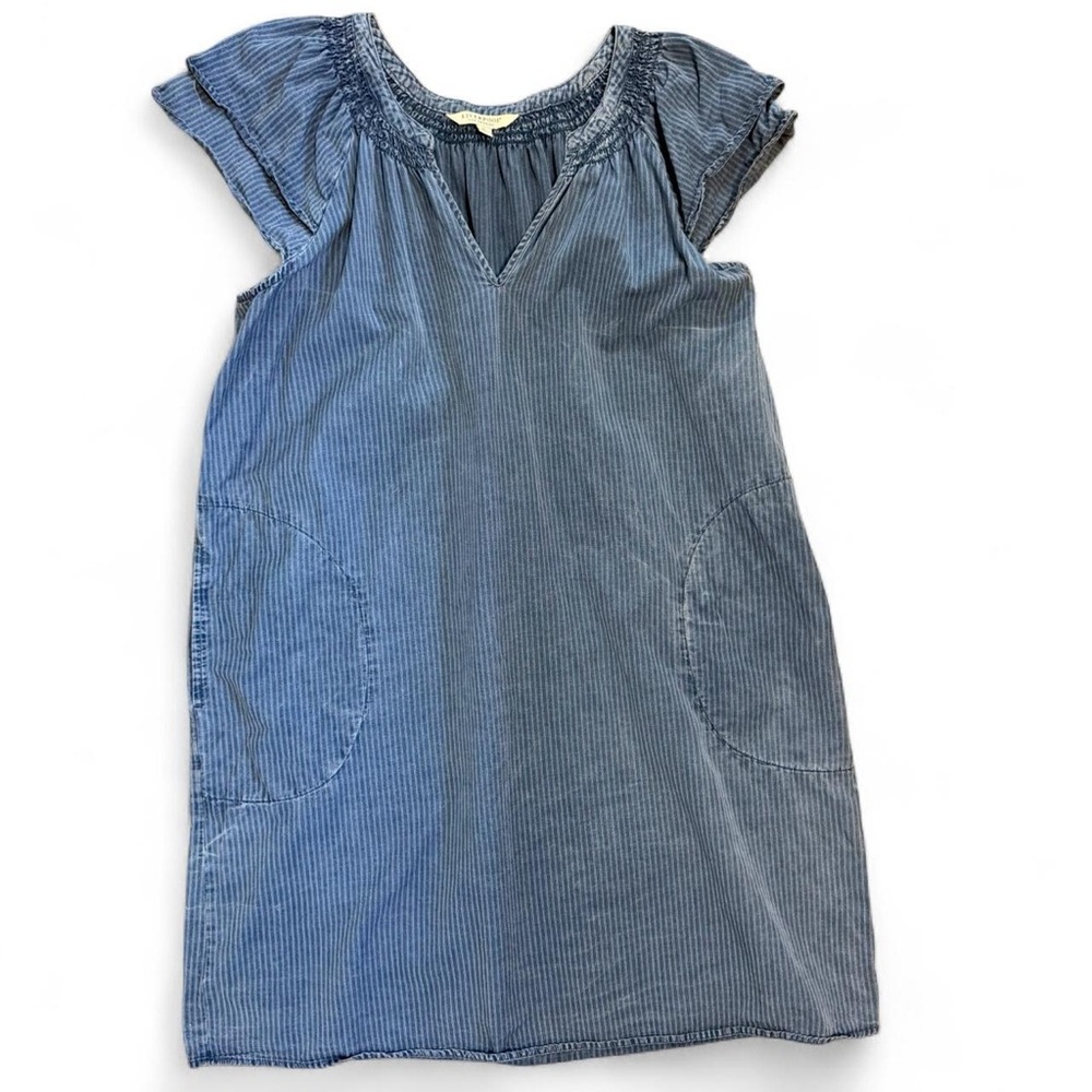 Liverpool Los Angeles blue denim pinstripe dress pockets ruffle sleeves v-neck